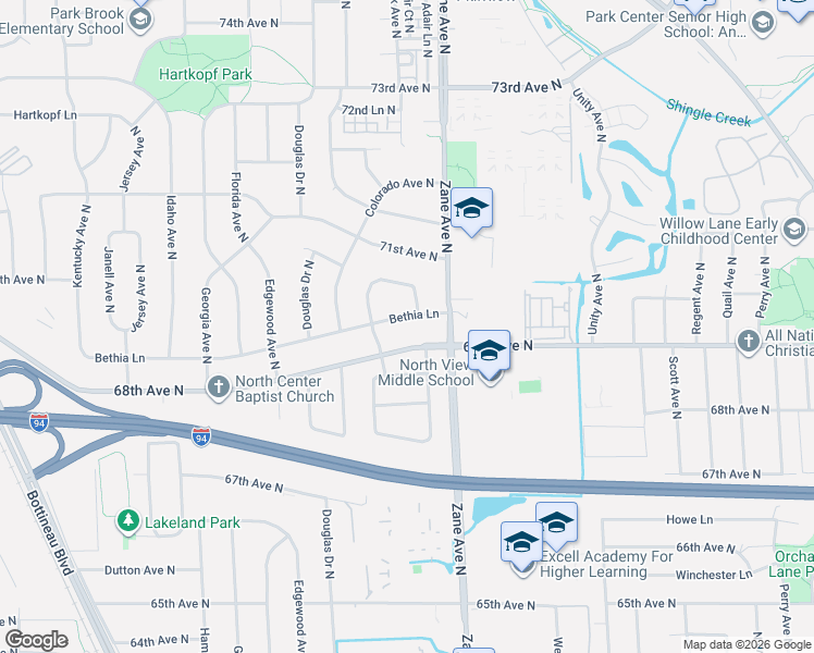map of restaurants, bars, coffee shops, grocery stores, and more near 5916 Bethia Lane in Brooklyn Park