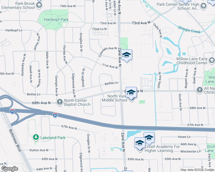 map of restaurants, bars, coffee shops, grocery stores, and more near 6024 Bethia Lane in Brooklyn Park