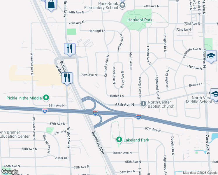 map of restaurants, bars, coffee shops, grocery stores, and more near 6916 Kentucky Avenue North in Minneapolis