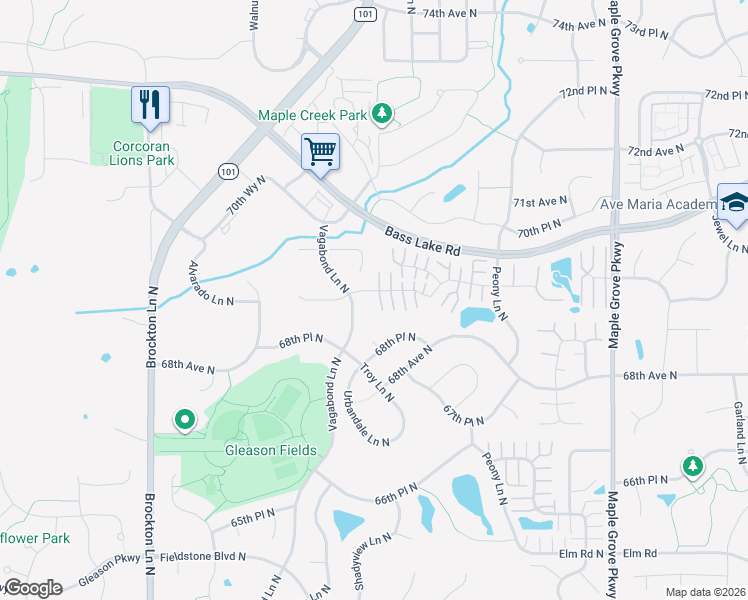 map of restaurants, bars, coffee shops, grocery stores, and more near 6935 Vagabond Court North in Maple Grove