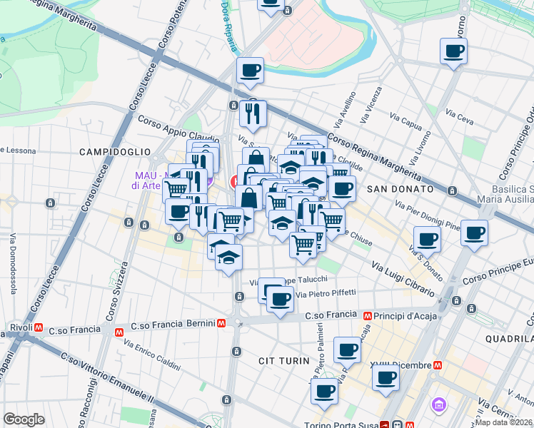 map of restaurants, bars, coffee shops, grocery stores, and more near 61 Via Luigi Cibrario in Torino
