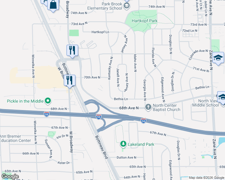 map of restaurants, bars, coffee shops, grocery stores, and more near 6916 Kentucky Avenue North in Minneapolis