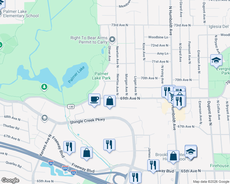 map of restaurants, bars, coffee shops, grocery stores, and more near 6924 Newton Avenue North in Minneapolis