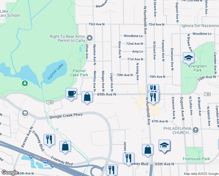 map of restaurants, bars, coffee shops, grocery stores, and more near 6924 Morgan Avenue North in Minneapolis