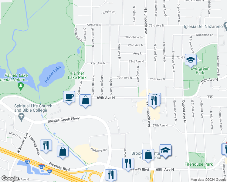 map of restaurants, bars, coffee shops, grocery stores, and more near 6912 Logan Avenue North in Minneapolis