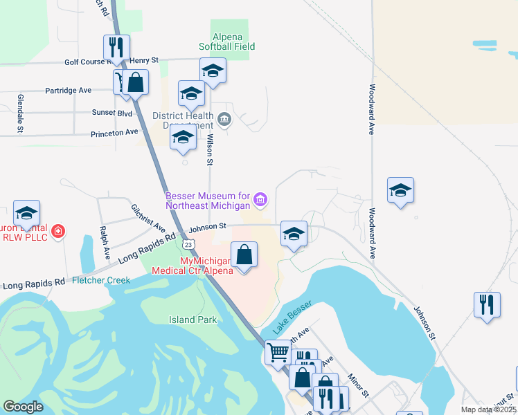 map of restaurants, bars, coffee shops, grocery stores, and more near 491 Johnson Street in Alpena
