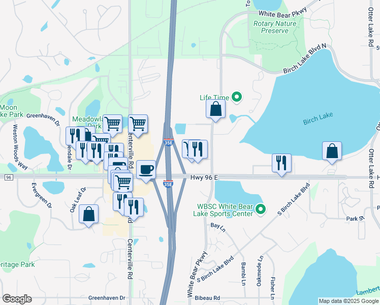 map of restaurants, bars, coffee shops, grocery stores, and more near Interstate 35E in White Bear Lake