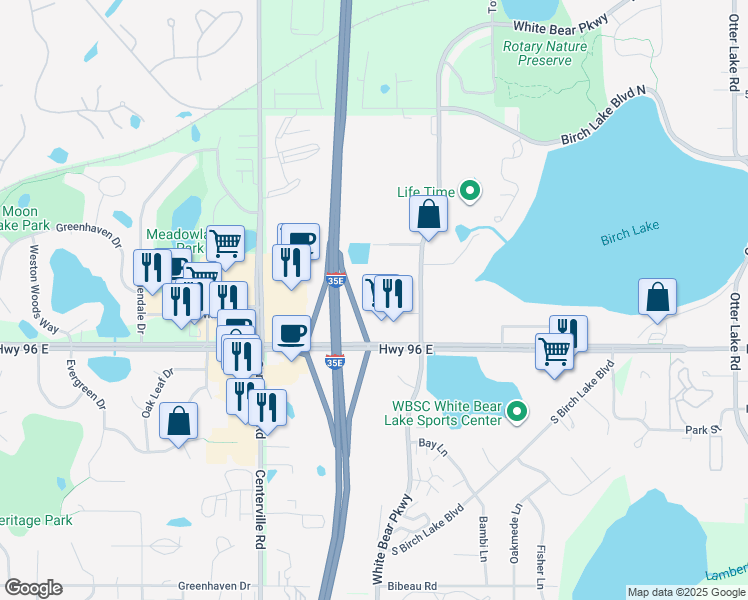 map of restaurants, bars, coffee shops, grocery stores, and more near Interstate 35E in White Bear Lake