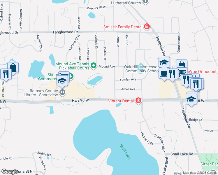 map of restaurants, bars, coffee shops, grocery stores, and more near 640 Dale Court South in Shoreview