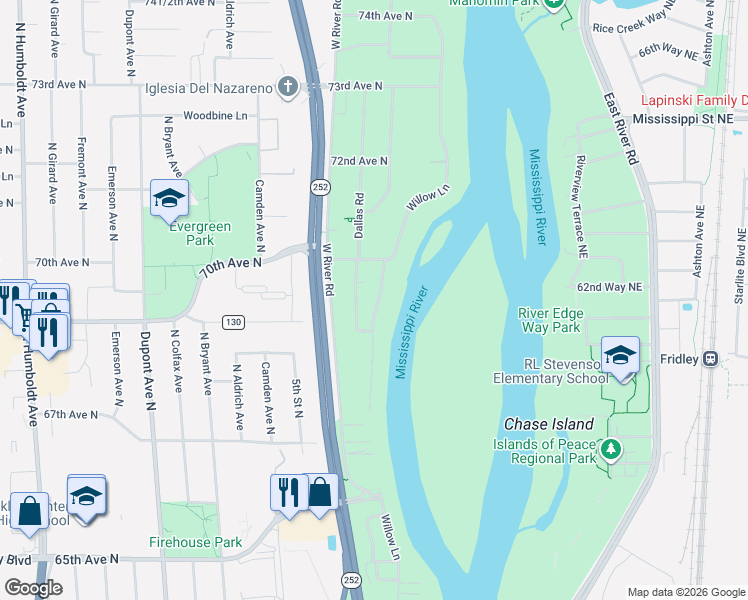 map of restaurants, bars, coffee shops, grocery stores, and more near 6925 Willow Lane in Brooklyn Center