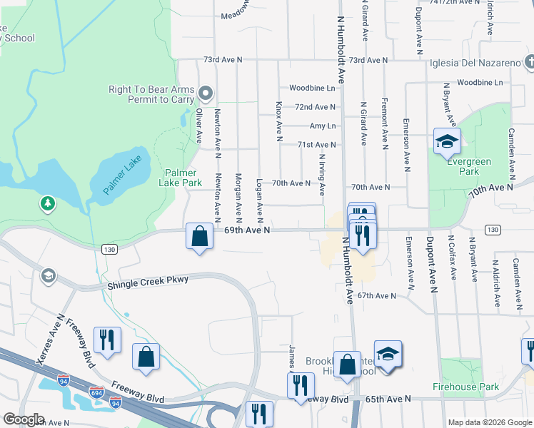map of restaurants, bars, coffee shops, grocery stores, and more near 1821 Irving Lane North in Brooklyn Center