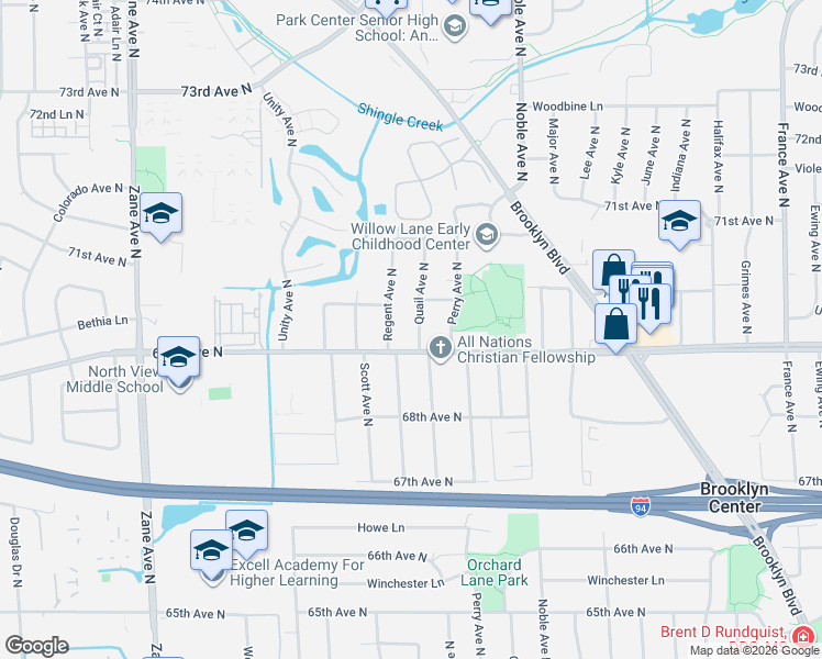 map of restaurants, bars, coffee shops, grocery stores, and more near 6918 Quail Avenue North in Minneapolis