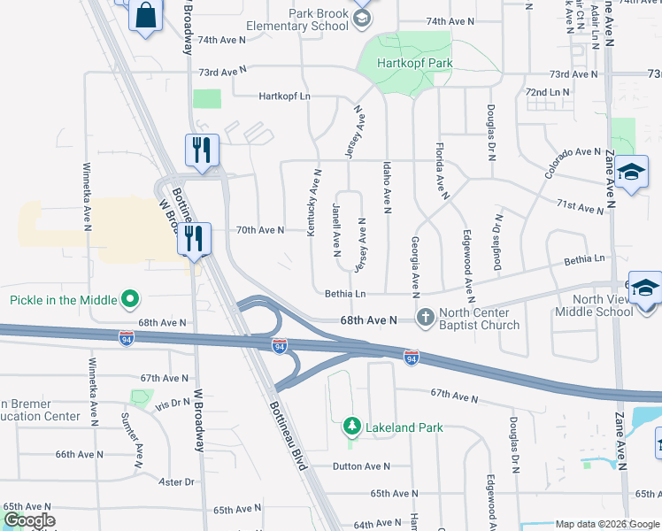 map of restaurants, bars, coffee shops, grocery stores, and more near 6924 Janell Avenue North in Minneapolis