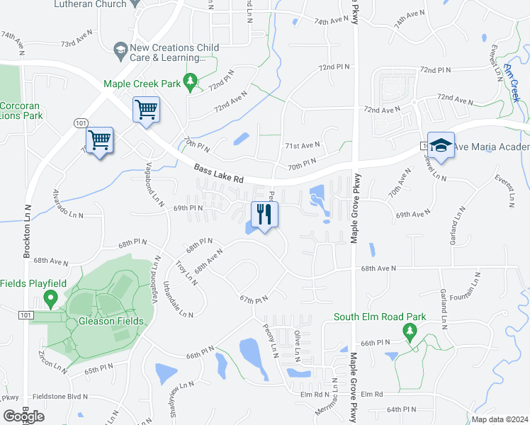 map of restaurants, bars, coffee shops, grocery stores, and more near 6931 Peony Lane North in Maple Grove