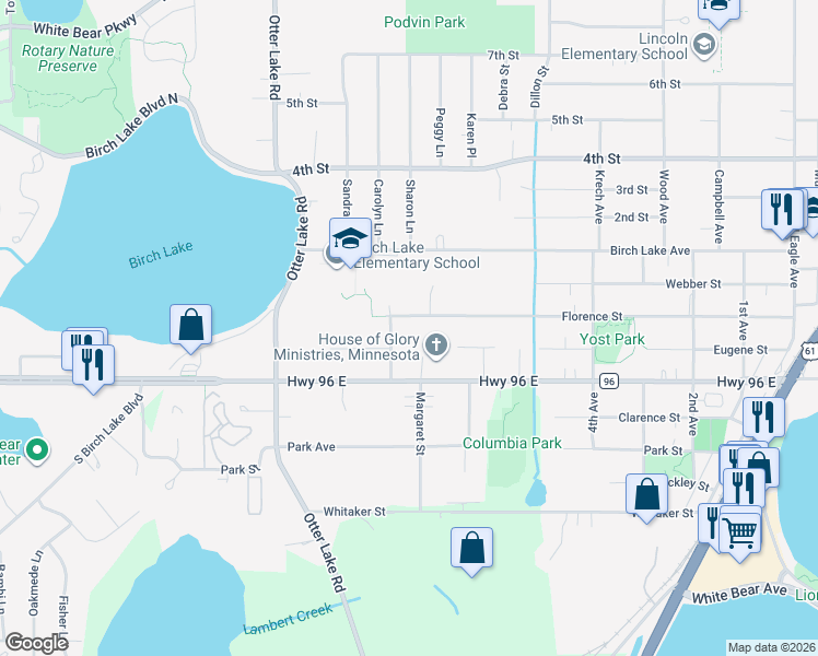 map of restaurants, bars, coffee shops, grocery stores, and more near 1686 Florence Street in White Bear Lake