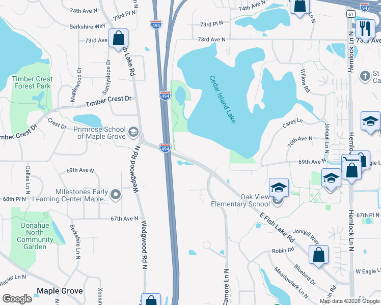 map of restaurants, bars, coffee shops, grocery stores, and more near 6942 East Fish Lake Road in Maple Grove