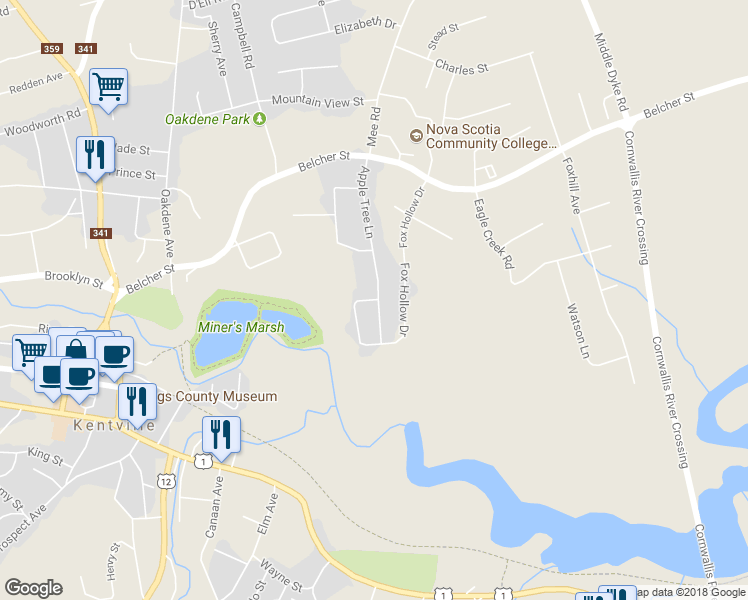 map of restaurants, bars, coffee shops, grocery stores, and more near 1 Cortland Crescent in Kentville