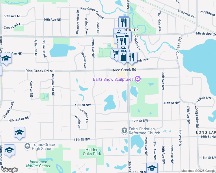 map of restaurants, bars, coffee shops, grocery stores, and more near 2807 Lake Diane Court in New Brighton