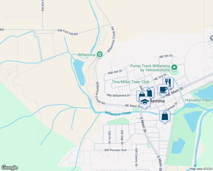map of restaurants, bars, coffee shops, grocery stores, and more near 730 Northwest Willamina Drive in Willamina