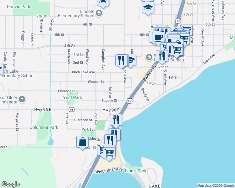 map of restaurants, bars, coffee shops, grocery stores, and more near 1998 Florence Street in White Bear Lake