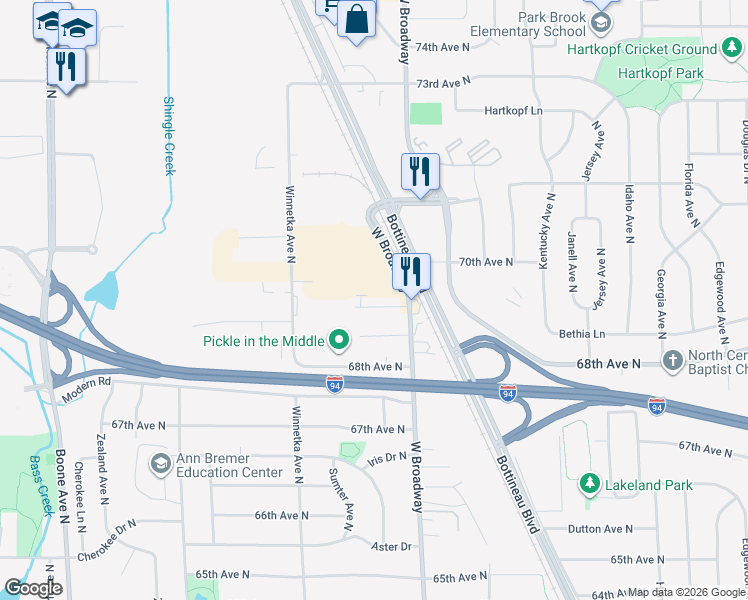map of restaurants, bars, coffee shops, grocery stores, and more near 7600 69th Avenue North in Minneapolis