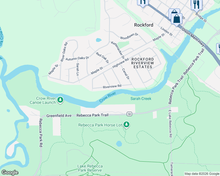 map of restaurants, bars, coffee shops, grocery stores, and more near 140 Riverview Road in Rockford