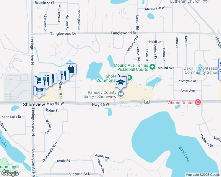 map of restaurants, bars, coffee shops, grocery stores, and more near 4615 Victoria Street North in Shoreview