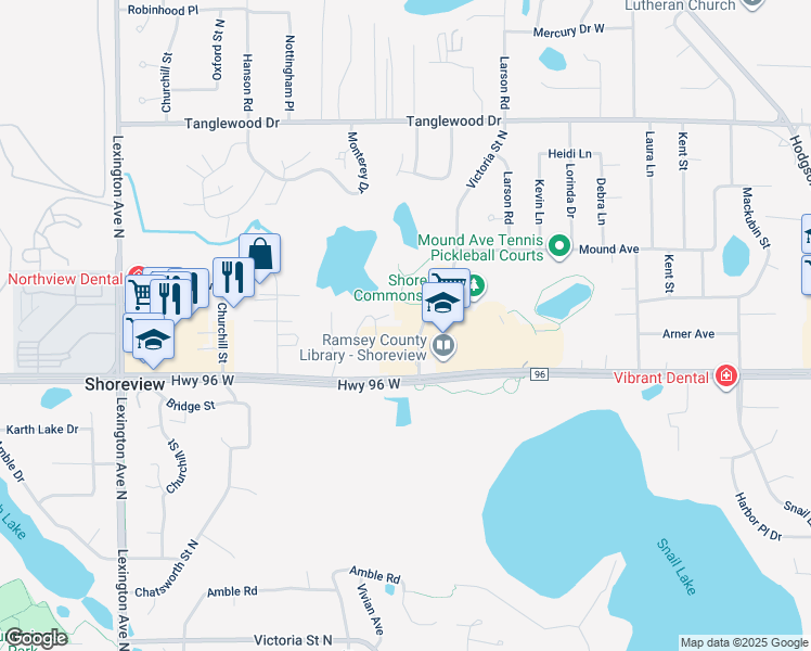 map of restaurants, bars, coffee shops, grocery stores, and more near 4615 Victoria Street North in Shoreview