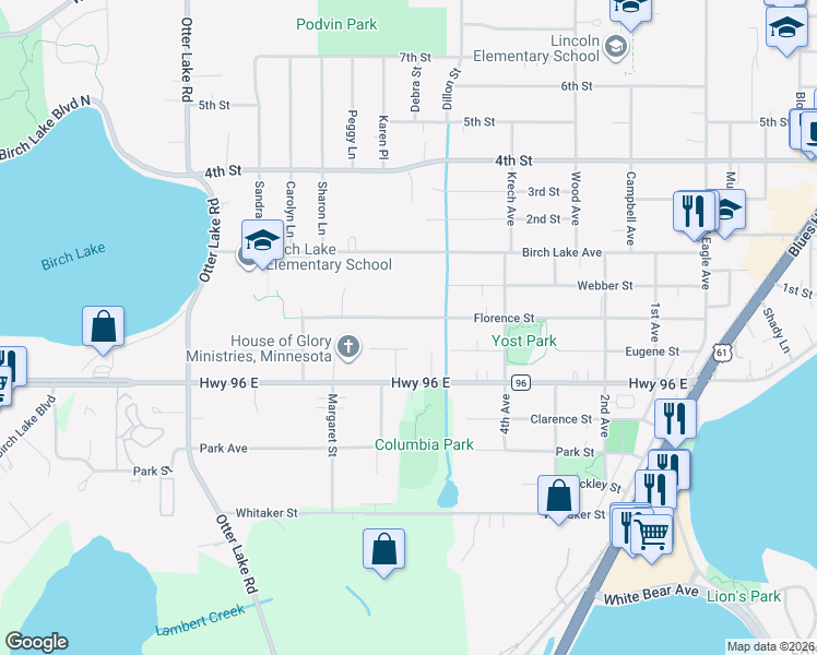 map of restaurants, bars, coffee shops, grocery stores, and more near 1744 Florence Street in White Bear Lake