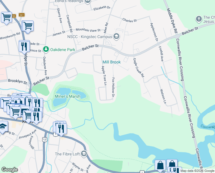 map of restaurants, bars, coffee shops, grocery stores, and more near 1 Cortland Crescent in Kentville