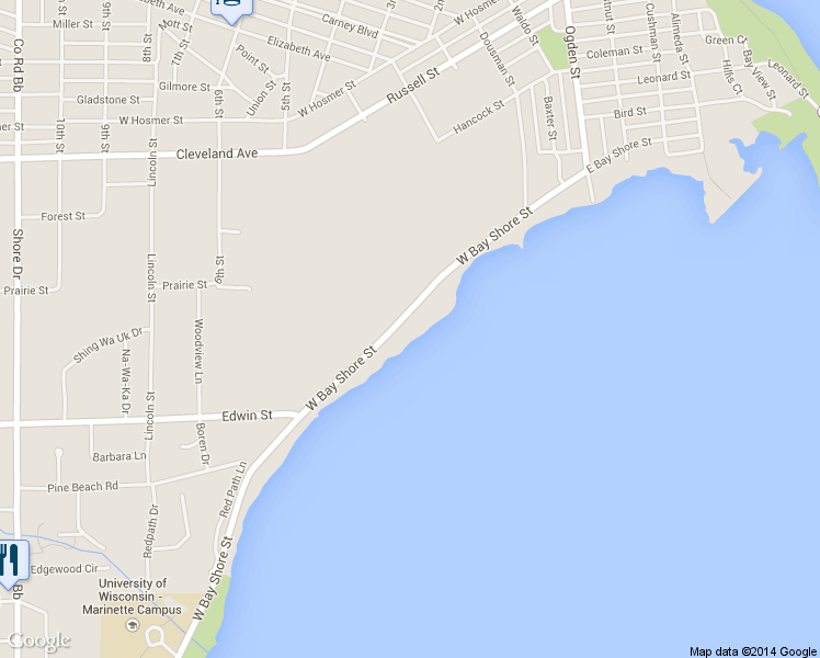 map of restaurants, bars, coffee shops, grocery stores, and more near 295 West Bay Shore Street in Marinette