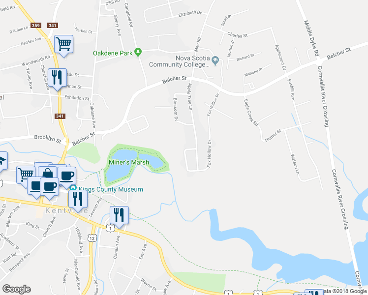 map of restaurants, bars, coffee shops, grocery stores, and more near 13 Cortland Crescent in Kentville