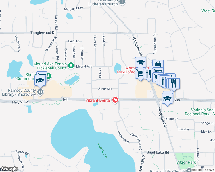 map of restaurants, bars, coffee shops, grocery stores, and more near 563 Arner Avenue in Shoreview
