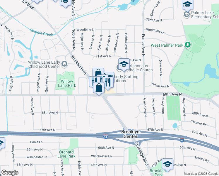 map of restaurants, bars, coffee shops, grocery stores, and more near 6930 Brooklyn Boulevard in Brooklyn Center