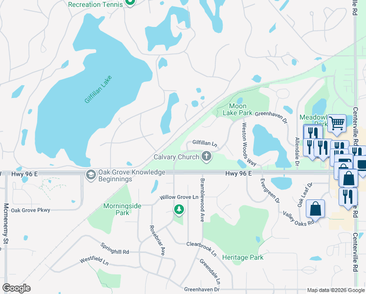 map of restaurants, bars, coffee shops, grocery stores, and more near 16 Robb Farm Road in North Oaks
