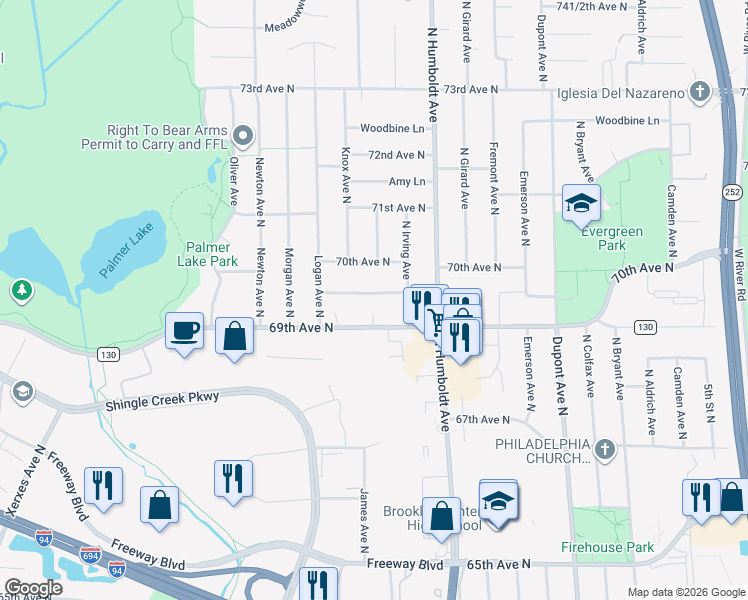 map of restaurants, bars, coffee shops, grocery stores, and more near 1701 Irving Lane in Brooklyn Center