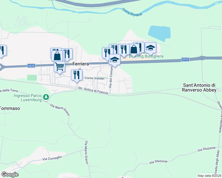 map of restaurants, bars, coffee shops, grocery stores, and more near 11 Via dei Comuni in Ferriera