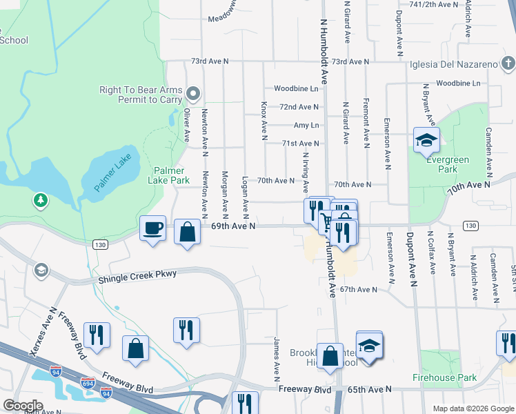 map of restaurants, bars, coffee shops, grocery stores, and more near 1821 Irving Lane North in Brooklyn Center