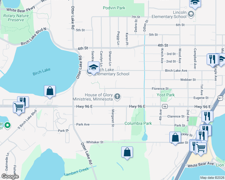 map of restaurants, bars, coffee shops, grocery stores, and more near 1686 Florence Street in White Bear Lake