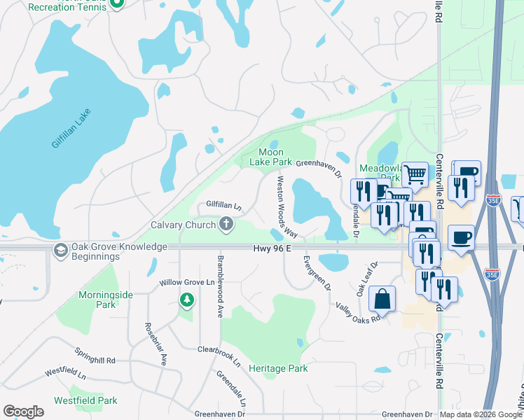 map of restaurants, bars, coffee shops, grocery stores, and more near 773 Gilfillan Court in White Bear Lake