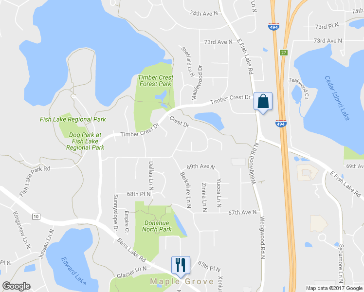 map of restaurants, bars, coffee shops, grocery stores, and more near 6904 Crest Drive in Osseo