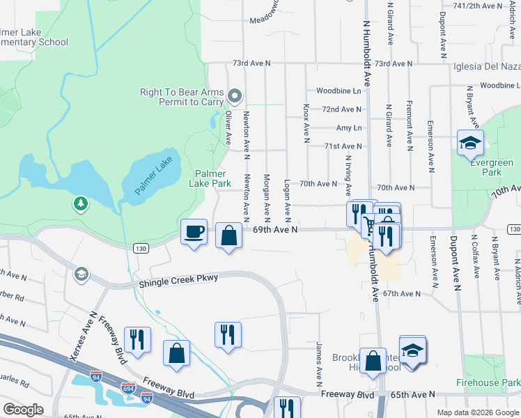 map of restaurants, bars, coffee shops, grocery stores, and more near 6924 Newton Avenue North in Minneapolis