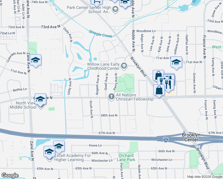 map of restaurants, bars, coffee shops, grocery stores, and more near 6925 Perry Avenue North in Minneapolis