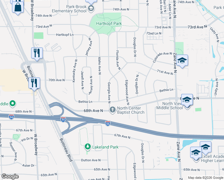 map of restaurants, bars, coffee shops, grocery stores, and more near 6917 Florida Avenue North in Minneapolis