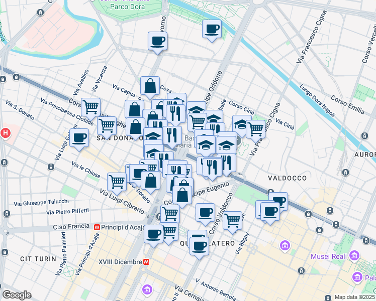 map of restaurants, bars, coffee shops, grocery stores, and more near 10 Via Masserano in Turin