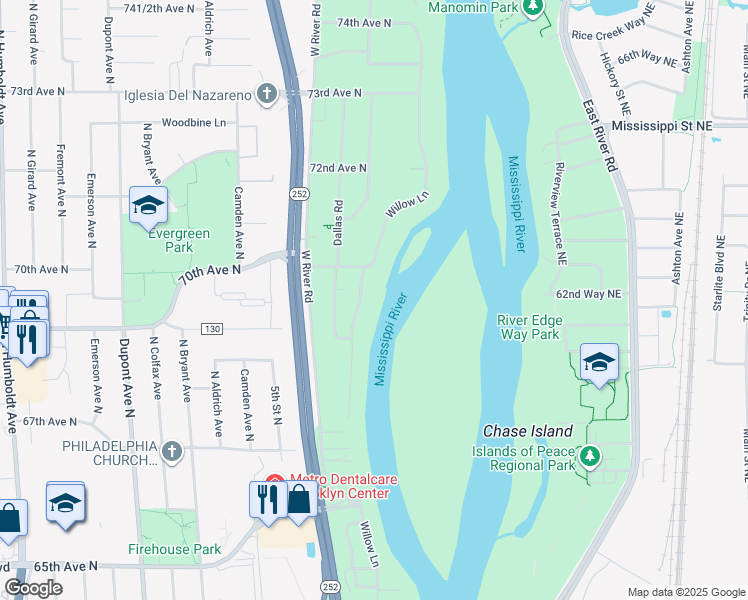 map of restaurants, bars, coffee shops, grocery stores, and more near 6925 Willow Lane in Brooklyn Center