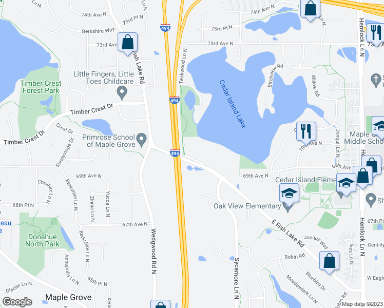 map of restaurants, bars, coffee shops, grocery stores, and more near 6942 East Fish Lake Road in Maple Grove