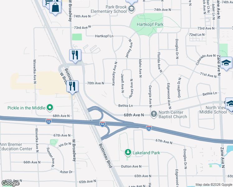 map of restaurants, bars, coffee shops, grocery stores, and more near 6916 Kentucky Avenue North in Minneapolis