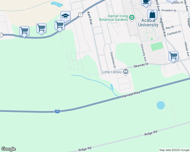 map of restaurants, bars, coffee shops, grocery stores, and more near 127 Stirling Avenue in Wolfville