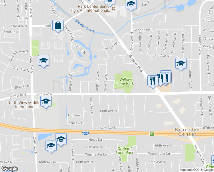 map of restaurants, bars, coffee shops, grocery stores, and more near 6918 Quail Avenue North in Minneapolis